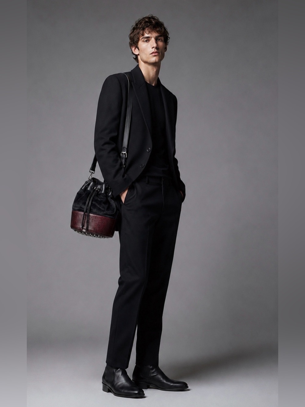 Alexander Wang Diego Bucket Bag Black Burgundy Leather Fur Studded Mens